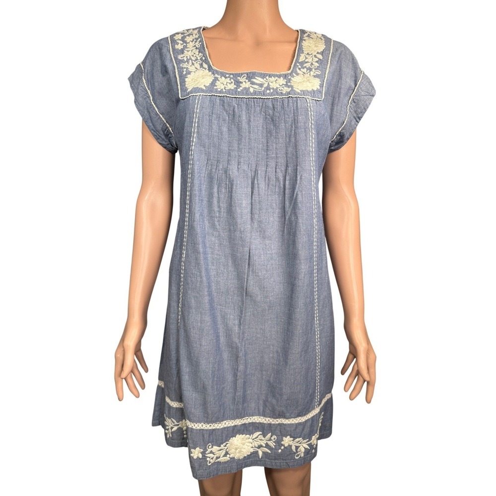 Monsoon Blue Chambray Cotton Embroidered Floral Lace Shift Dress US 6 953027